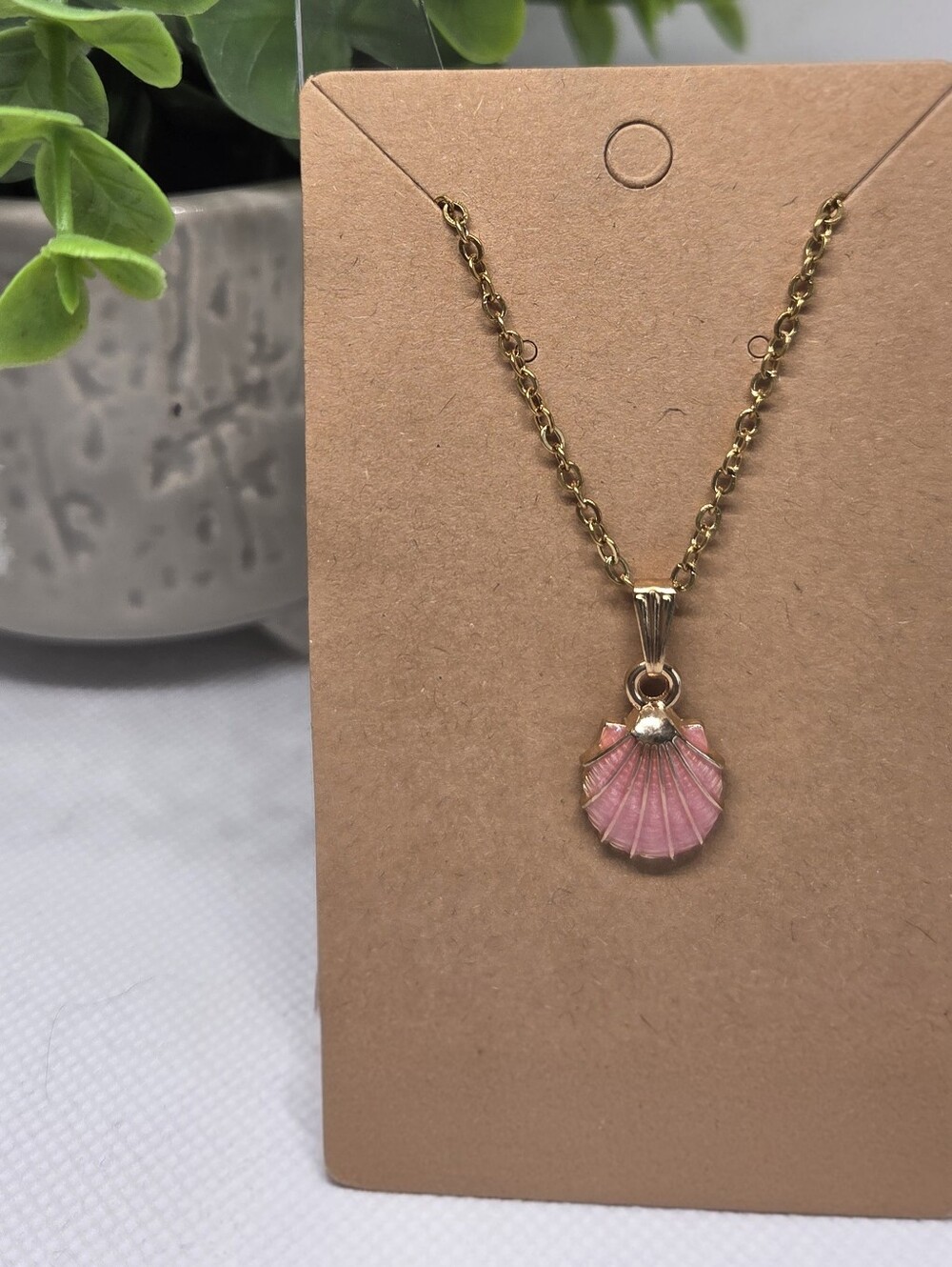 Gold Chain Necklace with Pink Shell Pendant